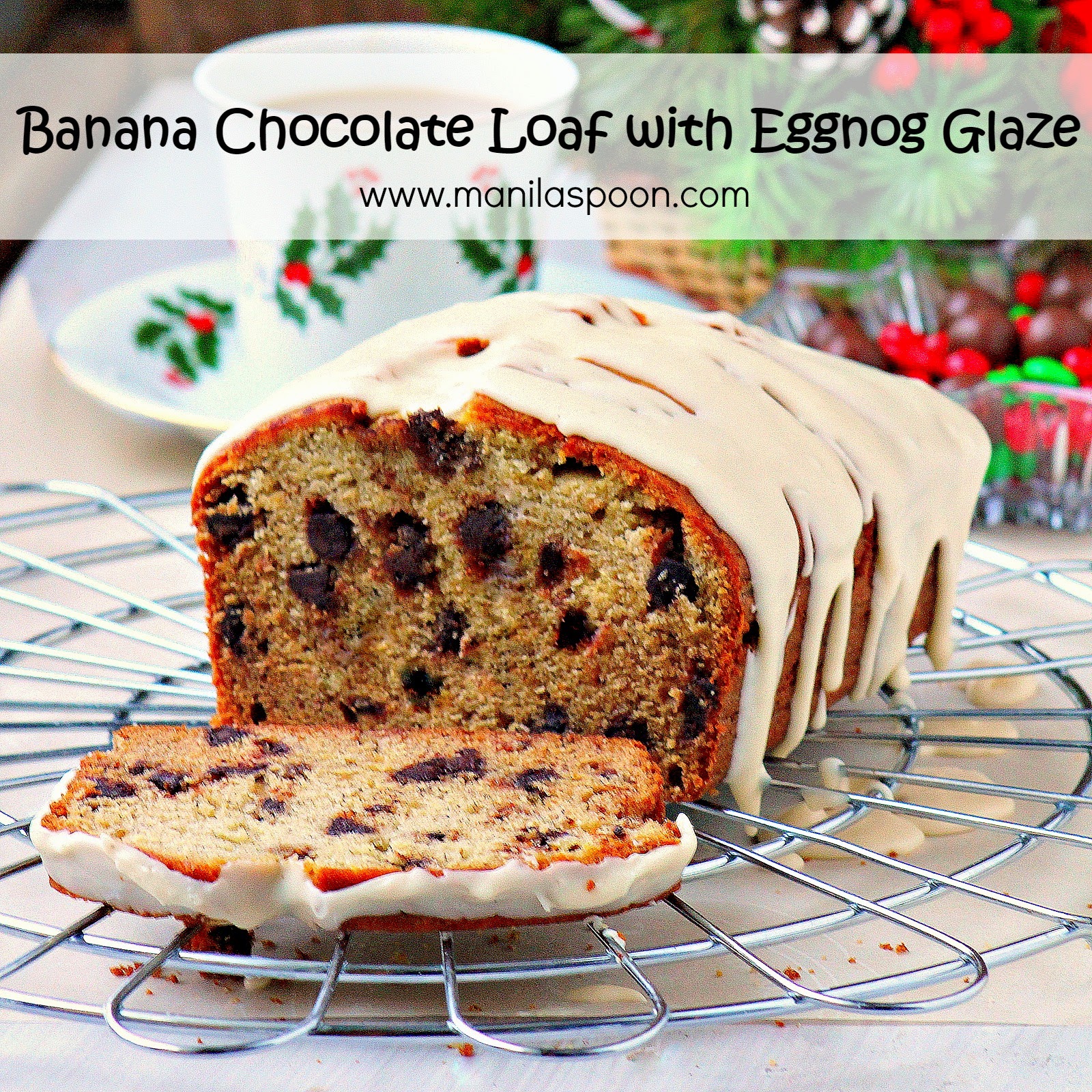 A delicious loaf cake with banana, chocolate and eggnog flavors. Perfect for snacking or with a cup of coffee or tea. Great for Christmas and New Year celebrations! | manilaspoon.com A delicious loaf cake with banana, chocolate and eggnog flavors. Perfect for snacking or with a cup of coffee or tea. Great for Christmas and New Year celebrations! | manilaspoon.com