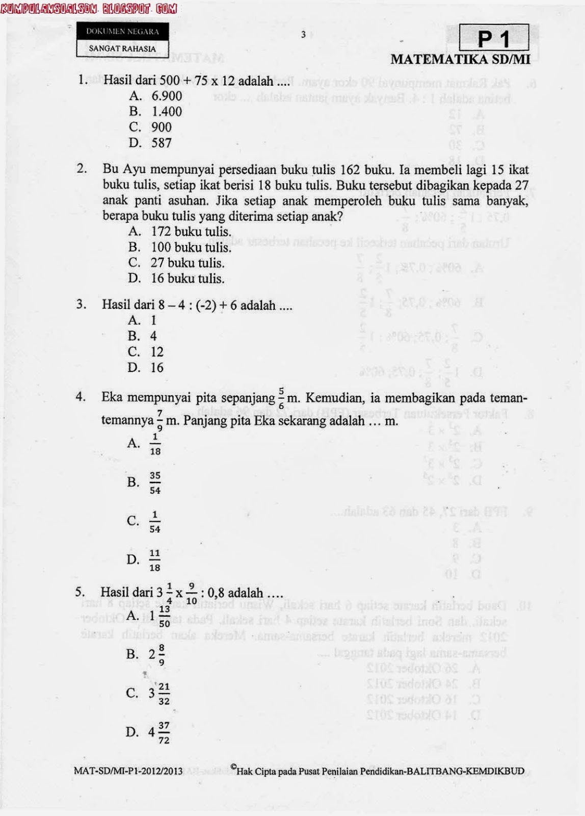 Soal UN Utama Matematika Kelas 6 SD TA 2012/2013 Portal Download