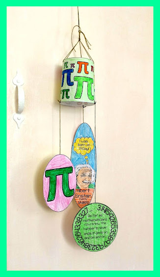 image of a Pi Day mobile craft with pi and Albert Einstein
