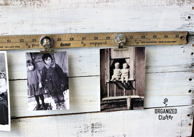 Easy Upcycled and Repurposed Yardstick Photo Displays #upcycling #repurposing #yardsticks #photodisplay #rubontransfers