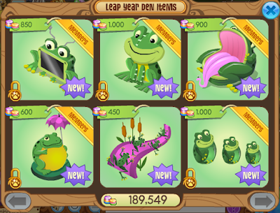 An image showing the den items at the leap year party 2016, including the Frog TV, Giant Frog Plushie, Frog Chair, Frog Lamp, Frog Wall Art, and Nesting Frogs.