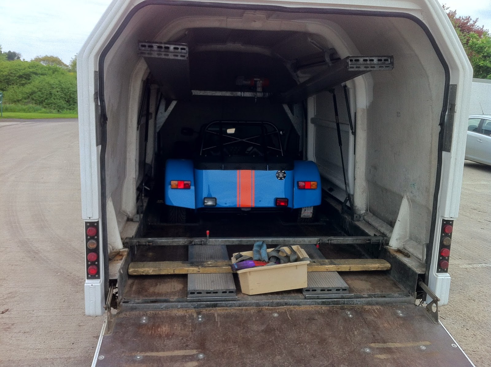 The R500 loaded into a covered car transporter ready to be taken to Nottingham VOSA test centre