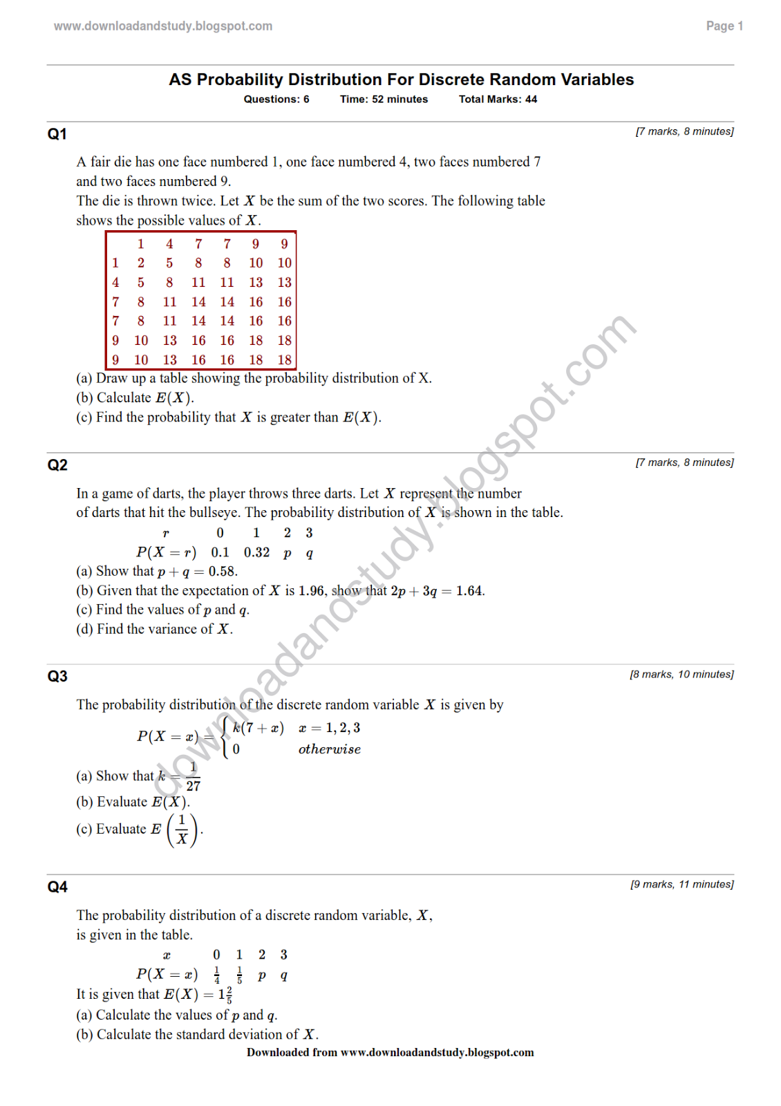 Download & Study: AS Statistics Probability Distribution Revision Test
