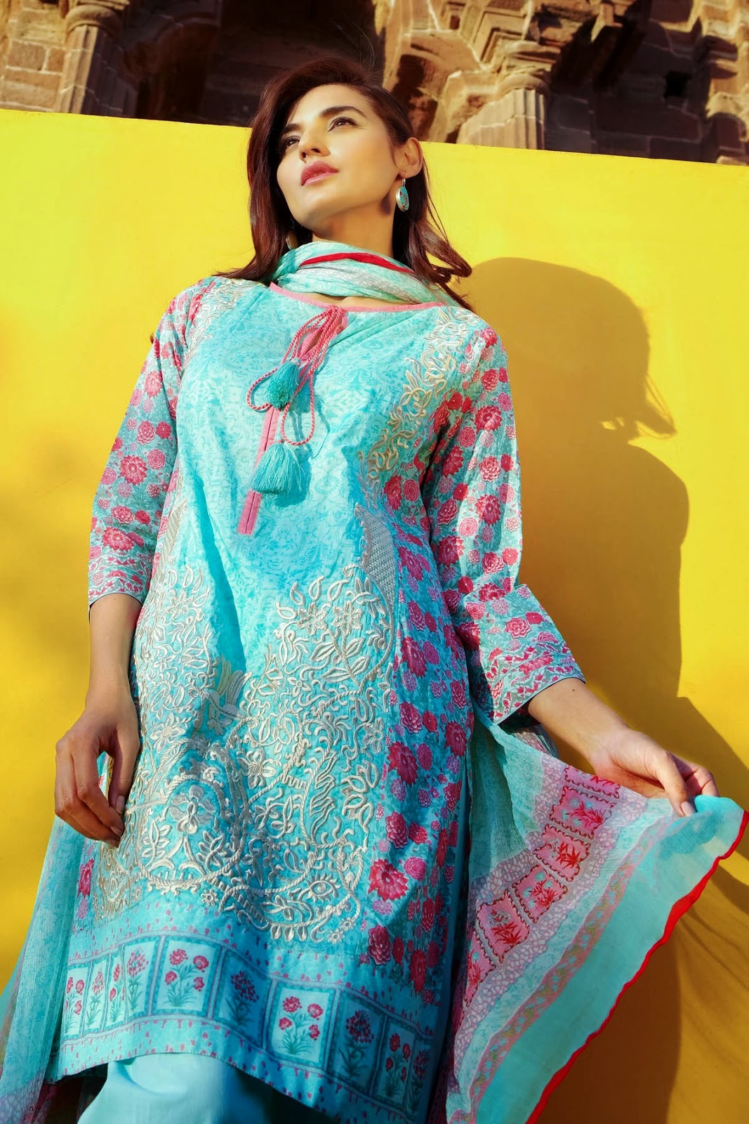 Khaadi Unstitched Embroidered Lawn Collection 2015 E15006A (TURQUOISE)