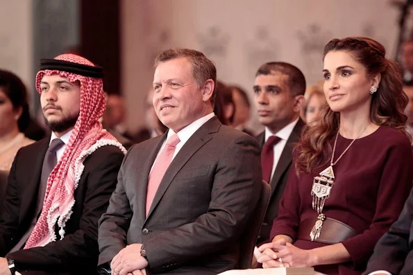 King Abdullah, Queen Rania, Crown Prince Al Hussein, Princess Salma, Prince Hashem attend a ceremony held in Amman for kingdom's 70th Independence Day. Queen Rania dress style, fashions, Valentino dress, Gant dress