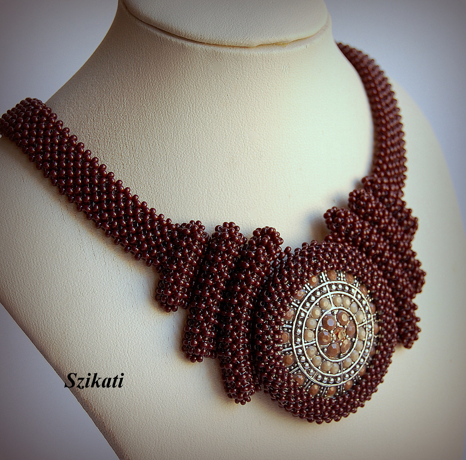 Szikati Jewelry Design Elegant Dark Brown Beaded Bib Necklace