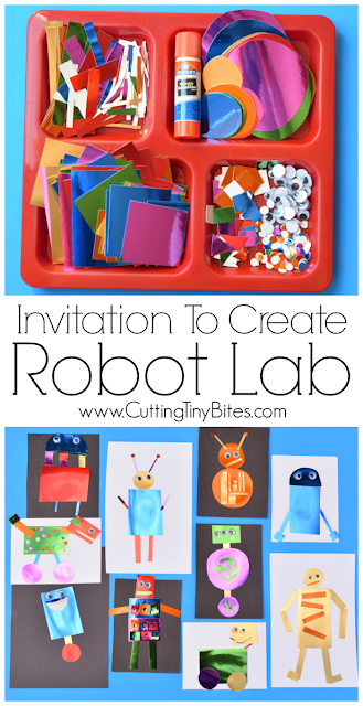 Invitation To Create: Robot Lab. Open ended creative paper craft for kids. Great for color and shape recognition & fine motor development. Perfect for preschoolers, kindergarteners, and elementary students.