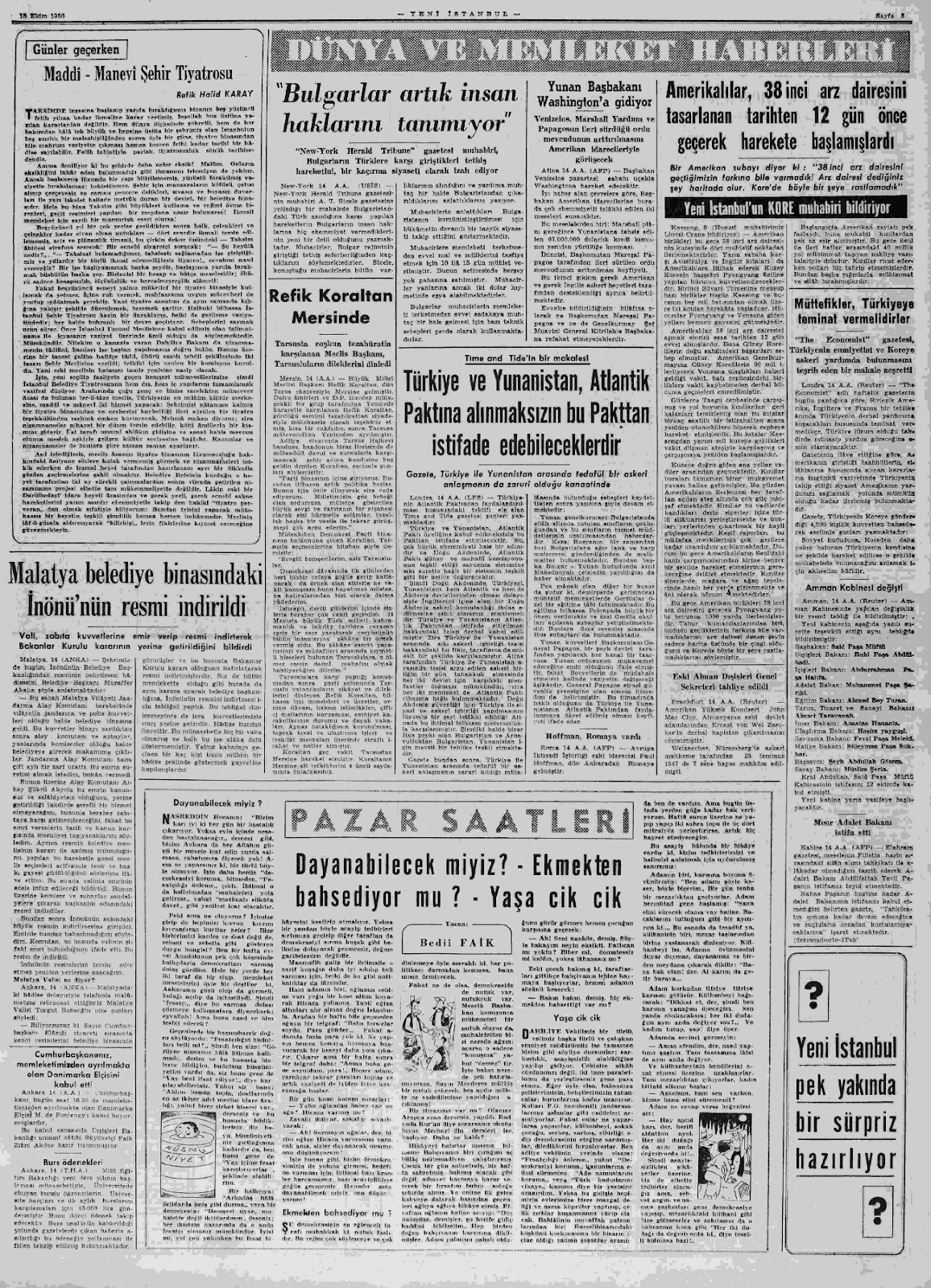 15 ekim 1950 yeni istanbul tam metin