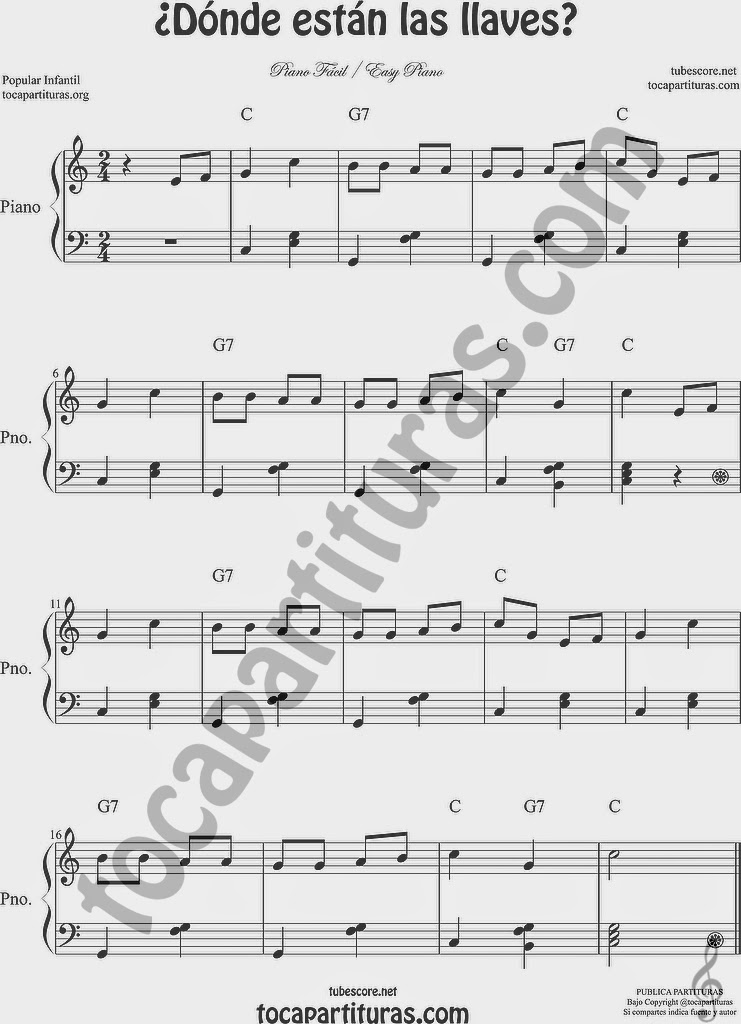 Partitura de Piano Muy Fácil ¿Dónde están las llaves? Easy Sheet Music for beginners