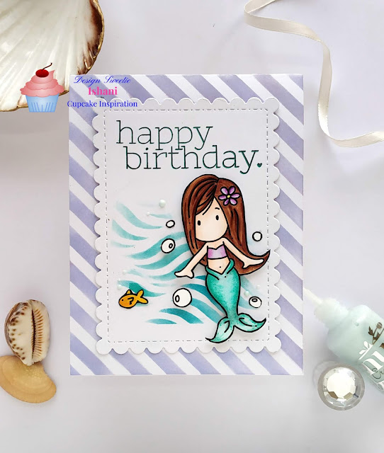 Birthday card, Bugaboo stamps, Card for her, CIC, Copic markers, Digital stamp, Quillish, stenciling. Bugaboo Ava mermaid digital stamp, mermaid card