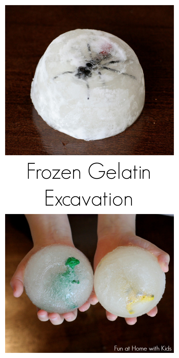 Frozen Gelatin Fossil Excavation - a twist on the classic ice excavation - it's freezing cold, a fun sensory experience, and safe for babies and toddlers!