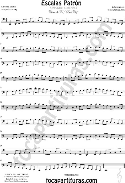  Partitura en Clave de Fa Escala de Do Patrón en Corcheas - Ejercicio Estudio para Trombón, Chelo, Fagot, Bombardino