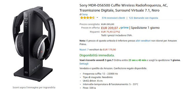 Offerta Amazon: cuffie Sony MDR-DS6500 Wireless Radiofrequenza a 209 euro