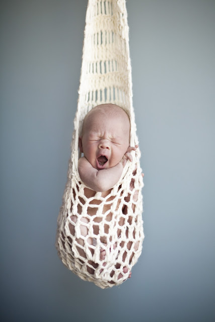 A close up of a baby in a net
