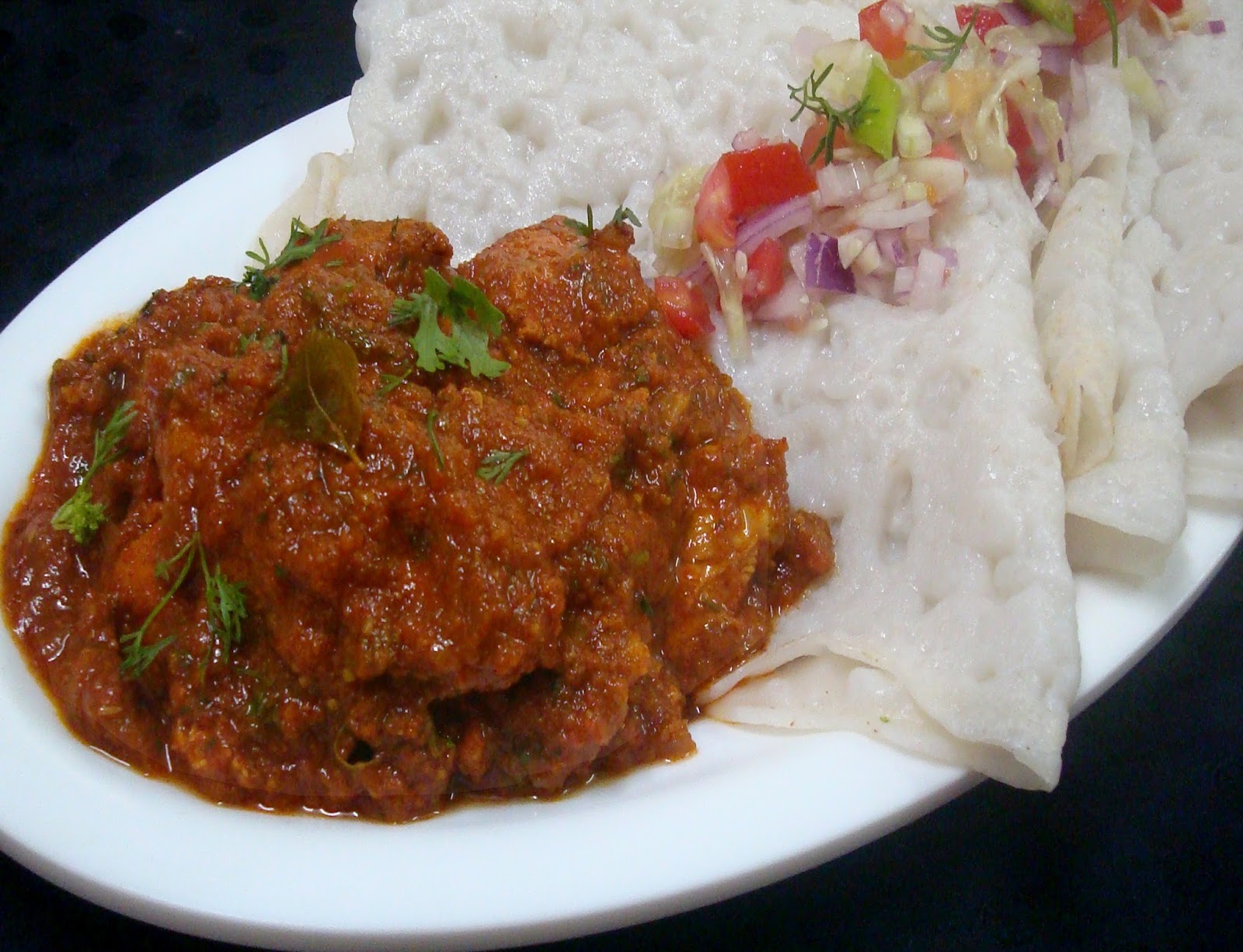 Gayathri Pai's Food Bytes Tomato Chicken Curry with Panpolo (Neer Dosa).