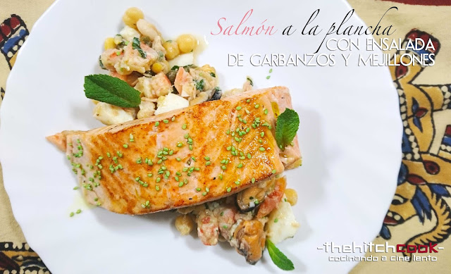 SALMÓN A LA PLANCHA CON ENSALADA DE GARBANZOS Y MEJILLONES (Receta de aprovechamiento)