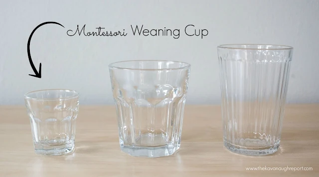 A look at the Montessori weaning cup. Giving babies a small cup instead of a closed container helps to promote independence from the start. 