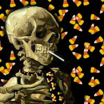 skeleton wearing candy corn pattern tie