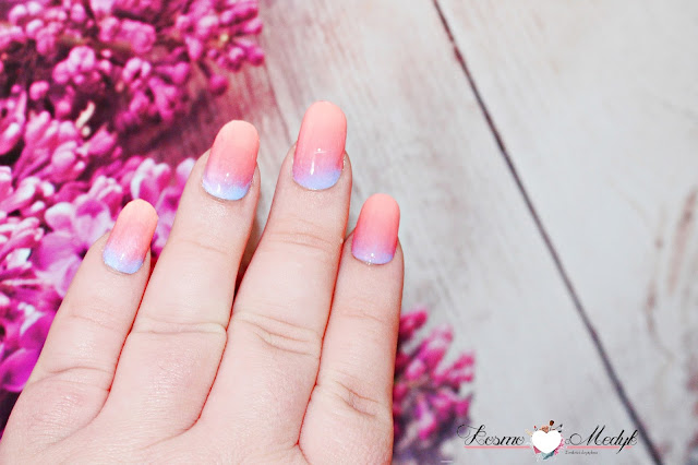 Paznokcie ombre krok po kroku z lakierami Rimmel Super Gel nr. 032, 031, 052.