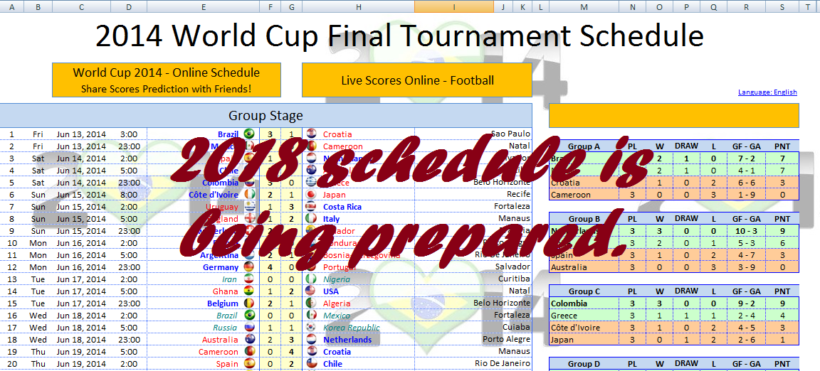 Download Jadwal Piala Dunia FIFA 2018 Rusia Excel .XLS World Cup Schedule