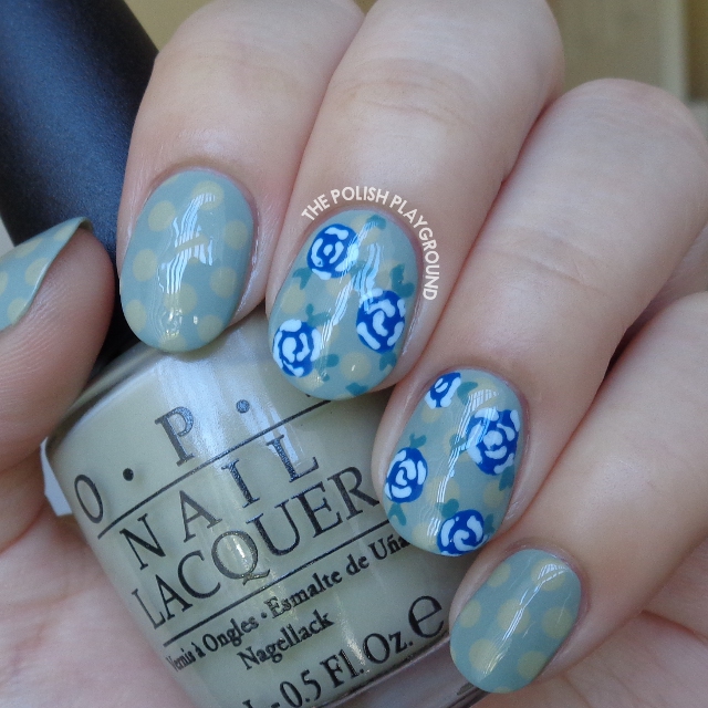 Polka Dots and Blue Roses Nail Art