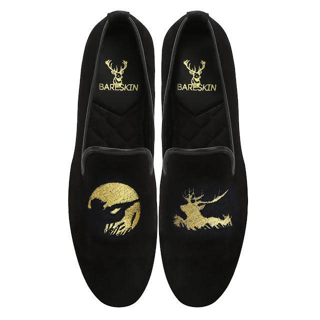 BARESKIN MEN'S LATEST HUNTING COLLECTION BLACK VELVET SLIP-ON SHOES WITH GOLDEN EMBROIDERY BARESKIN MEN'S LATEST HUNTING COLLECTION BLACK VELVET SLIP-ON SHOES WITH GOLDEN EMBROIDERY