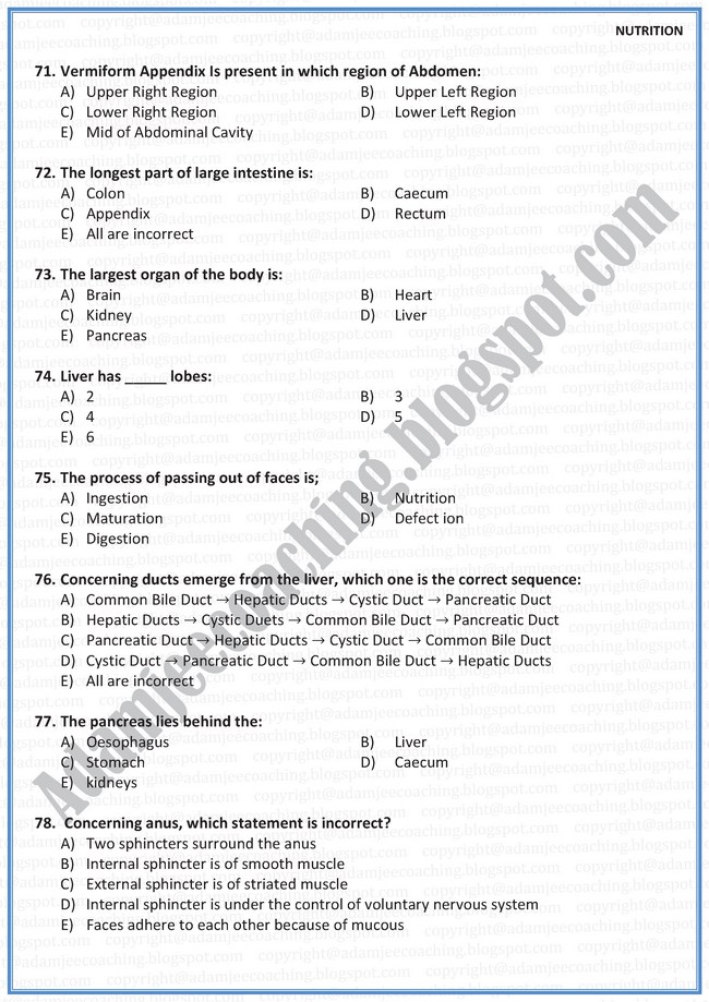Adamjee Coaching: Biology Mcqs XI - Nutrition