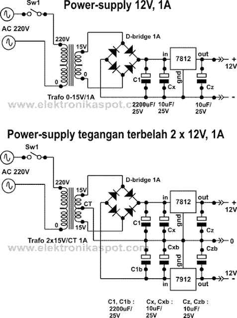 rangkaian 7812 - 7912 IC 7812 - 7912