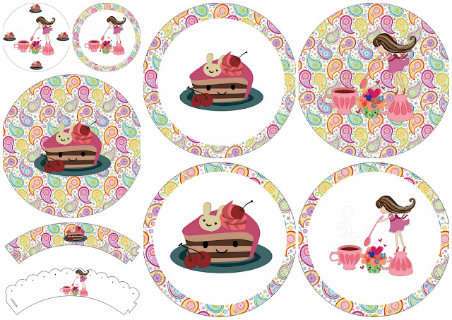 Fiesta de Té de Chicas: Toppers y Wrappers para Cupcakes para Imprimir Gratis. Fiesta de Té de Chicas: Toppers y Wrappers para Cupcakes para Imprimir Gratis.