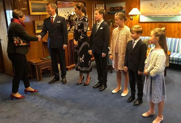 Crown Princess Mary wore Vilshenko floral embroidered midi dress and Gianvito Rossi Mesh paneled suede pumps