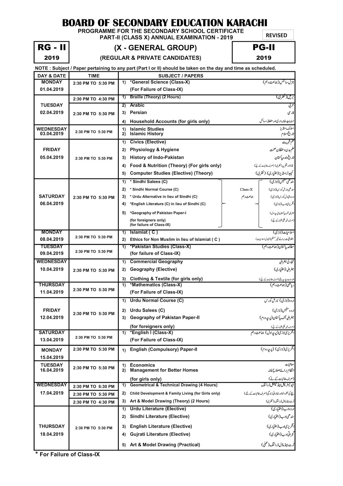 Karachi Board General Group 9th 10th Class Matric Date Sheet 2020