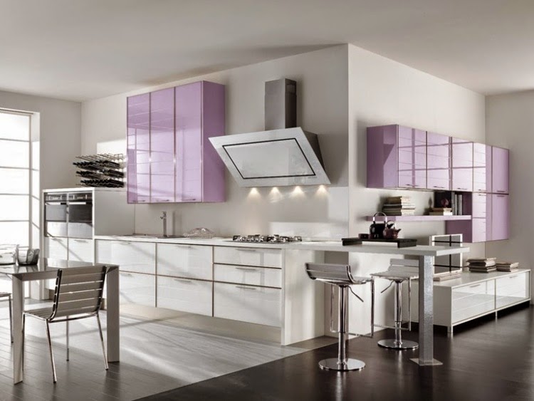 Modern white gloss kitchen units combined with other colors