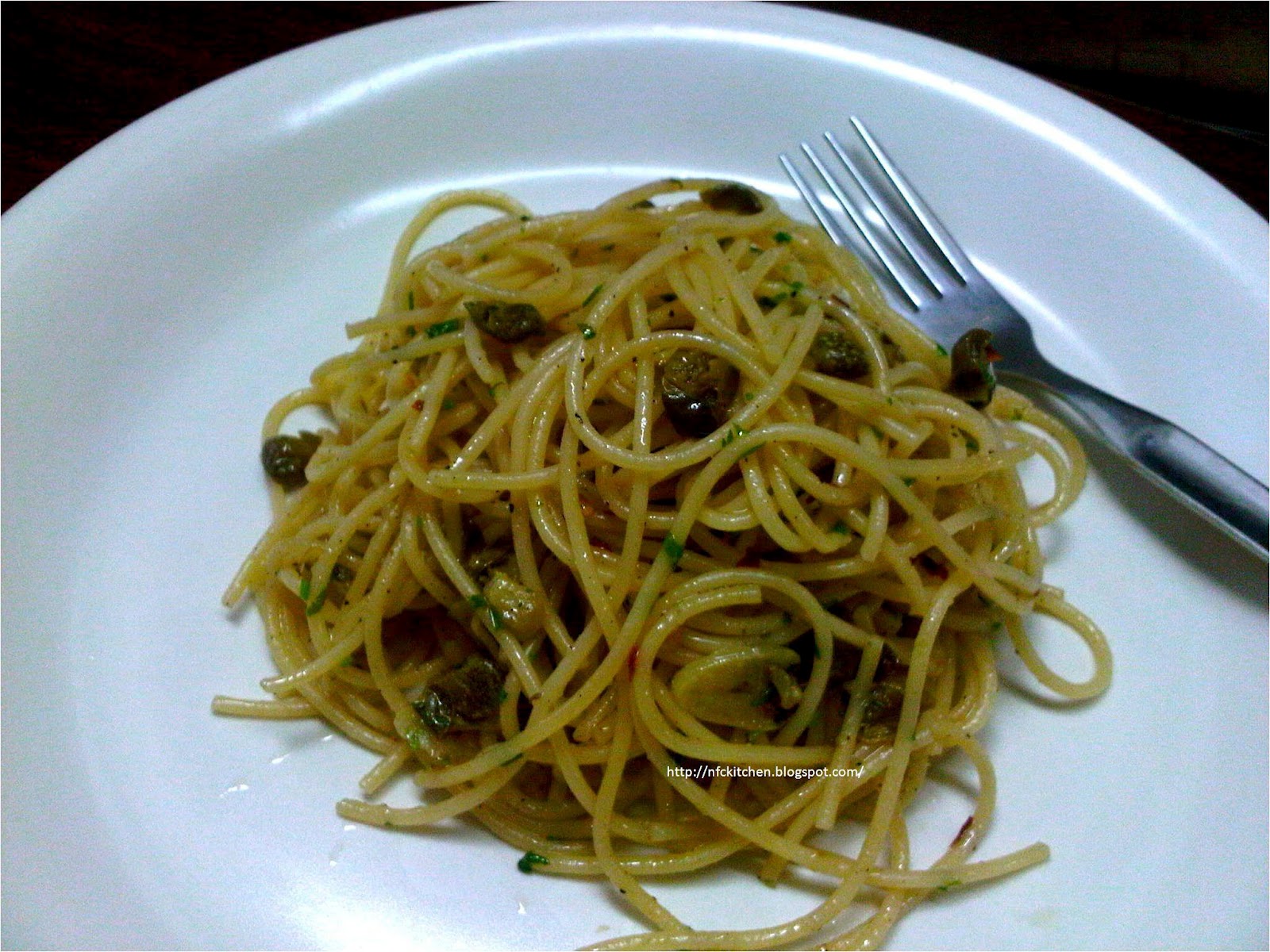 NFC Kitchen Spicy anchovies spaghetti aglio e olio with capers