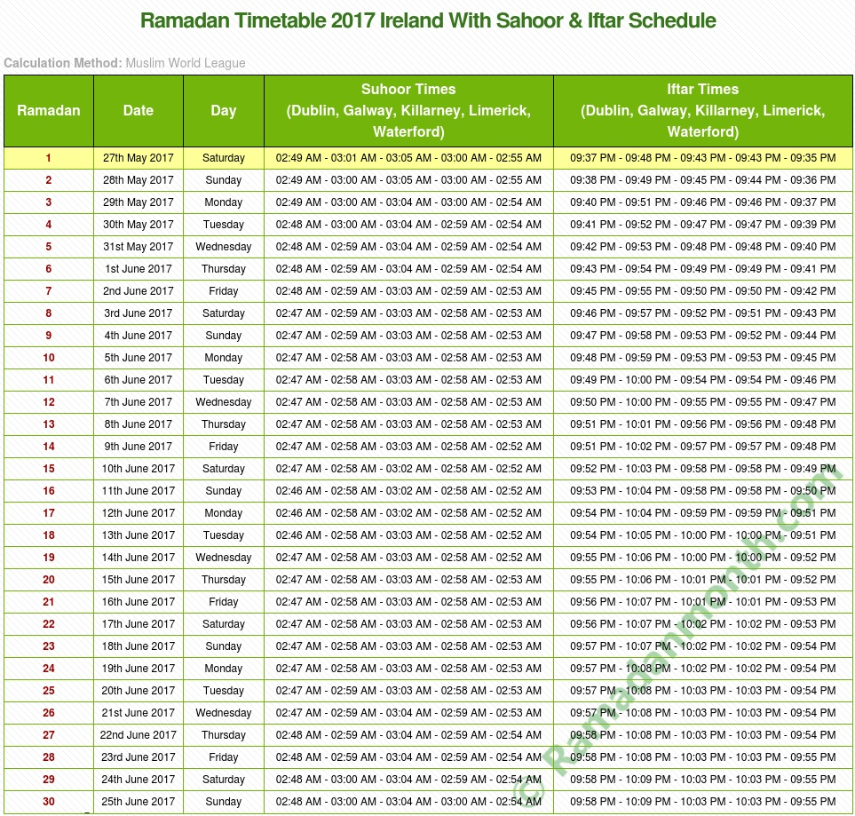 Ramadan Calendar 2017 Ireland Ramadan Calendar 2017 Ireland