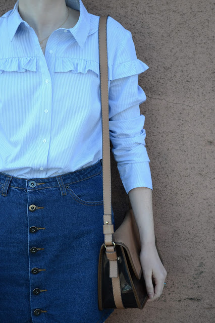 Blue prairie shirt from Marks and Spencer, Alexa Chung style, Thigh high black suede boots from Public desire, Denim skirt, Light blue jacket from Asos. 