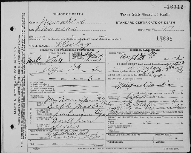 East Texas Genealogy: Male Mosley death