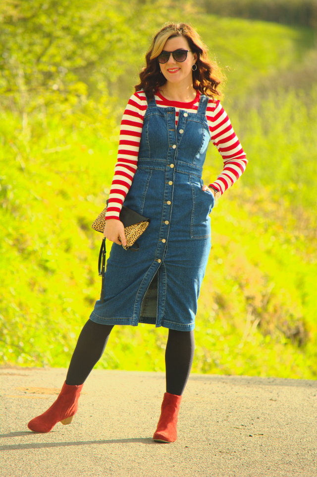 red denim pinafore dress