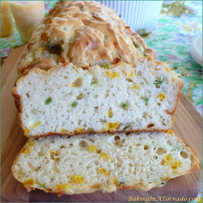 Fiesta Quick Bread, a quick and flavorful bread with a bit of a kick. For breakfast or with lunch or dinner, perfect any time of day | Recipe developed by www.BakingInATornado.com | #recipe #bread