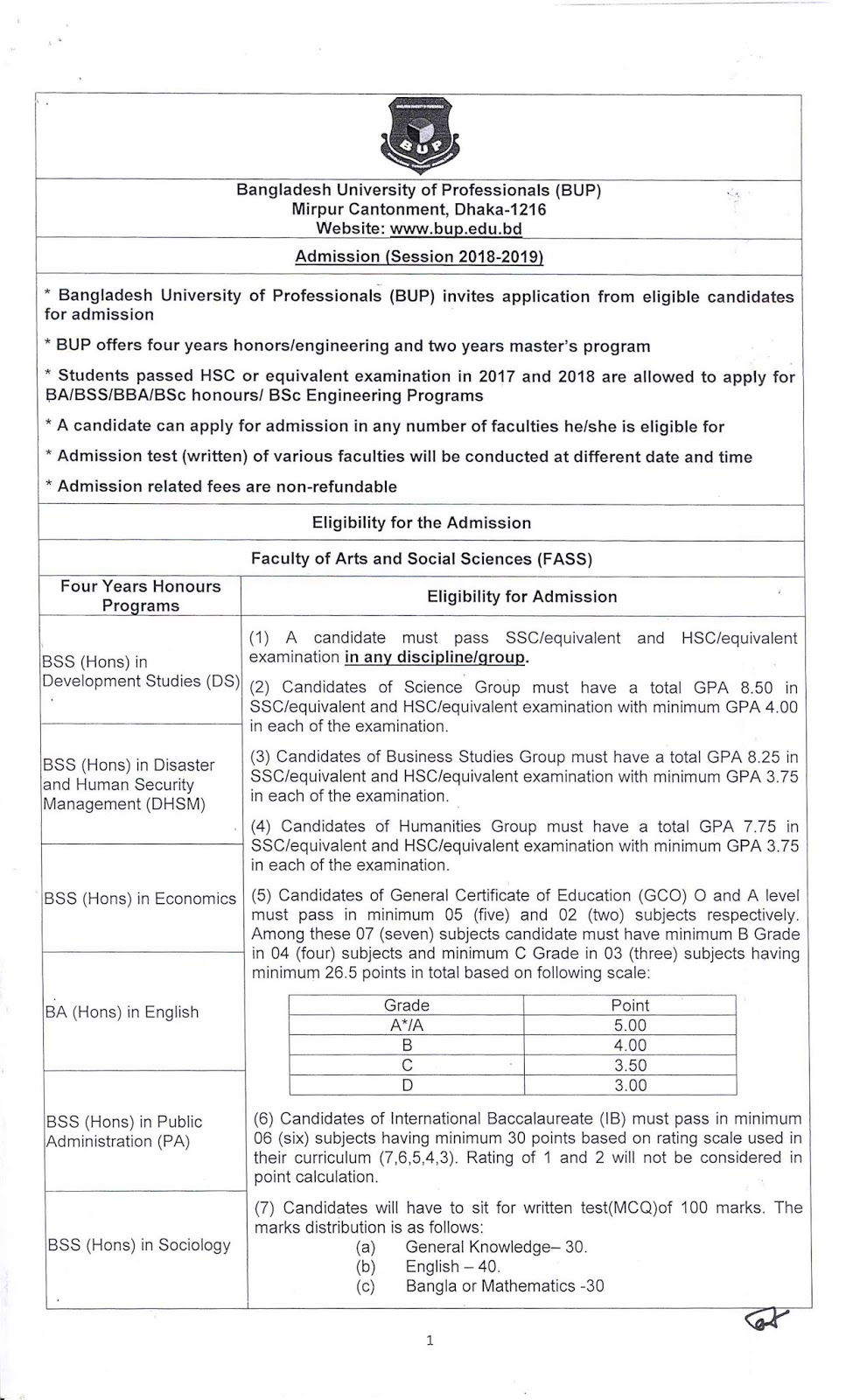 Bangladesh University of Professionals (BUP) Admission circular 2018-2019