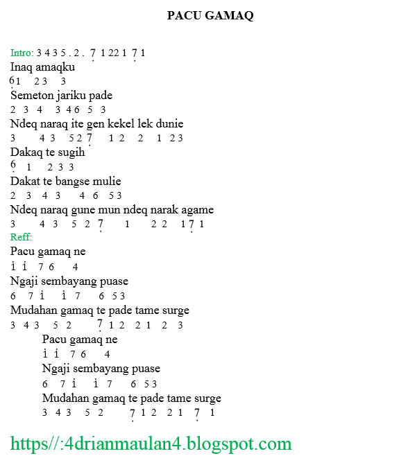 Karya Santri Not Angka Lagu Pacu Gamaq Inaq Amaq