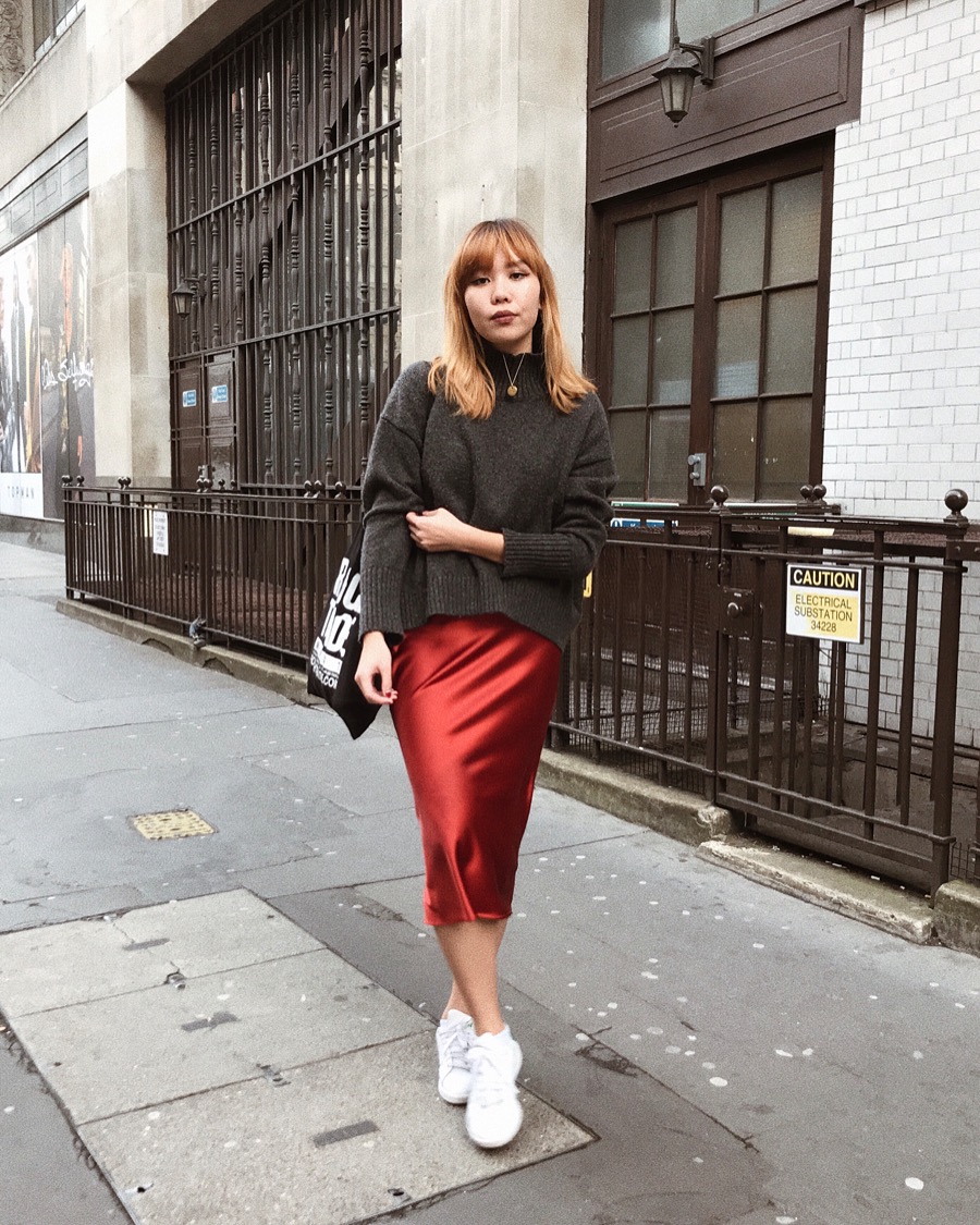 red satin skirt outfit
