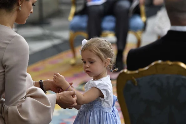 Queen Silvia and King Carl Gustaf of Sweden, Crown Princess Victoria, Prince Daniel, Princess Estelle, Princess Madeleine of Sweden with daughter Princess Leonore and Christopher O'Neill, Prince Carl Philip and Princess Sofia, Prince Haakon and Princess Mette-Marit of Norway, Crown princess Mary and Prince Frederik of Denmark, Ewa and Olle Westling at the christening of Prince Oscar of Sweden at the Royal Chapel in Stockholm.Antonio Berardi Blue Cape-back Stretch Crepe Dress