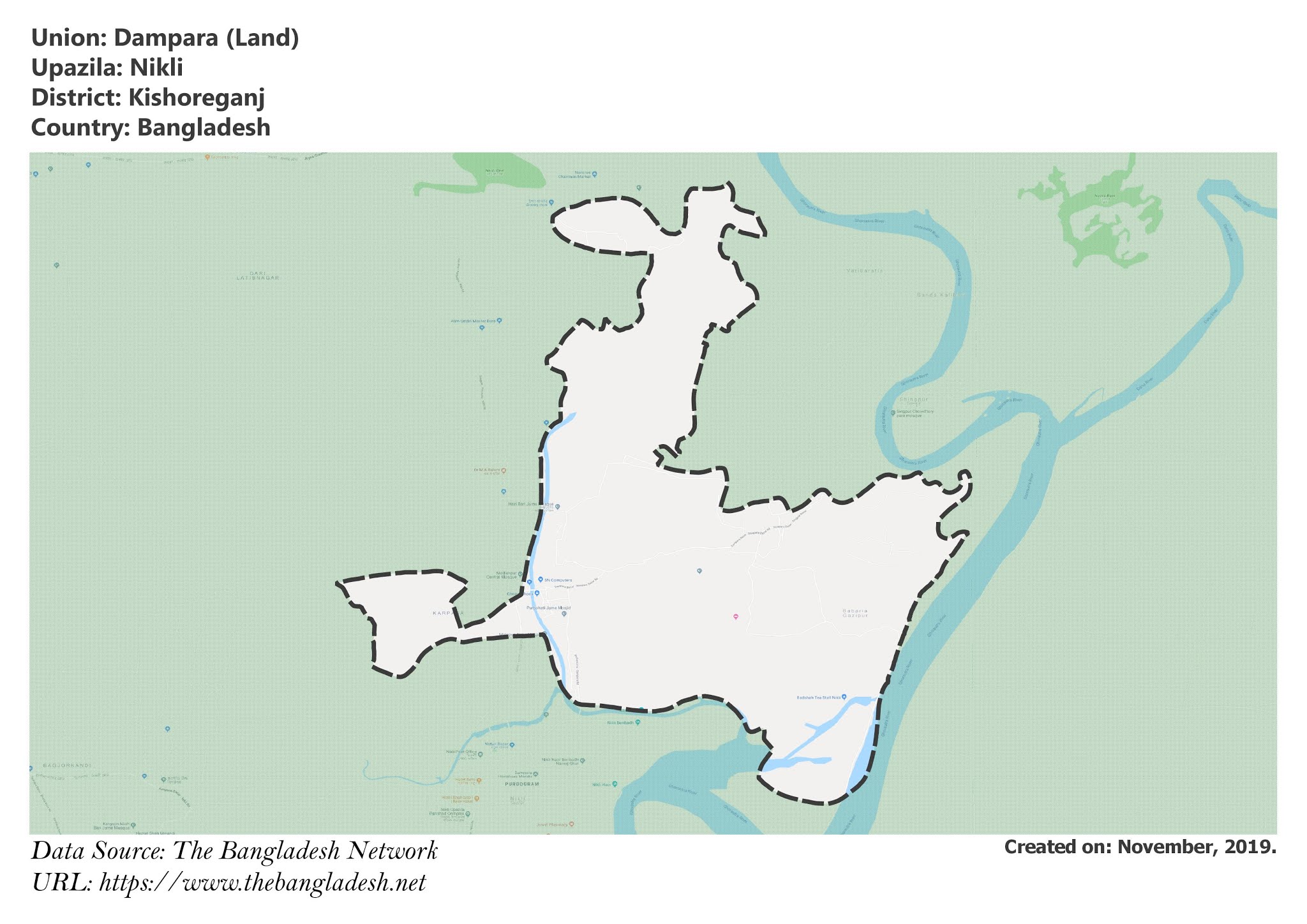 Map of Dampara of Kishoreganj, Bangladesh.