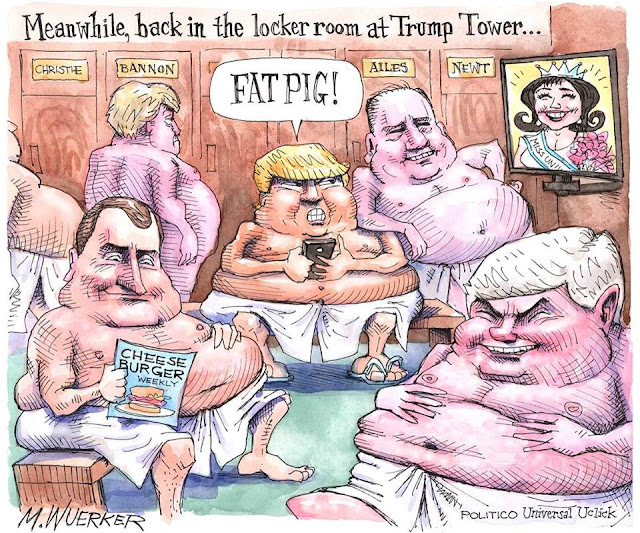 Title:  Meanwhile, back in the locker room at Trump Tower.  Image:  Donald Trump, Newt Gingrich, Roger Ailes, Chris Christie, and other fat Republican men in a sauna looking at a picture of a Miss Universe as Trump says, 
