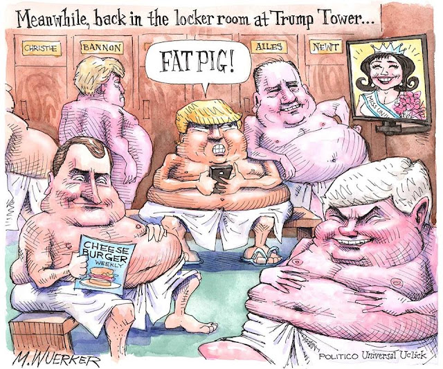 Title:  Meanwhile, back in the locker room at Trump Tower.  Image:  Donald Trump, Newt Gingrich, Roger Ailes, Chris Christie, and other fat Republican men in a sauna looking at a picture of a Miss Universe as Trump says,
