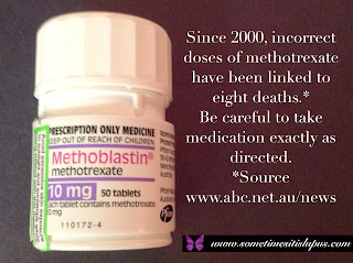 Image: bottle of methotrexate. Text: Since 2000, incorrect doses of methotrexate have been linked to eight deaths.* Be careful to take medication exactly as directed. * Source www.abc.net.au/news