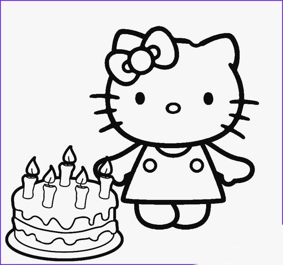 Tranh tô màu mèo hello kitty và bánh sinh nhật