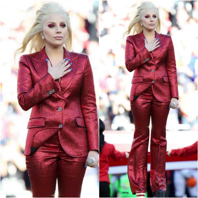 Lady Gaga in Gucci Singing the National Anthem at Super Bowl 50