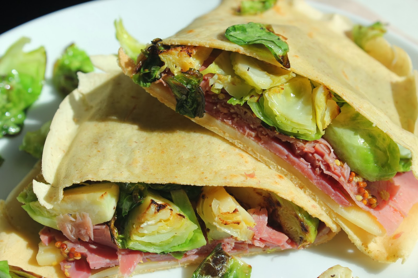 Corned beef on rye crepes with brussels sprouts