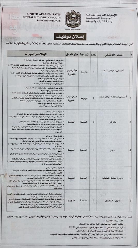 وظائف اداريين وسكرتارية واخصائيين واستقبال حكومية للعمل فى الهيئة العامة للشباب والرياضة فى الامارات